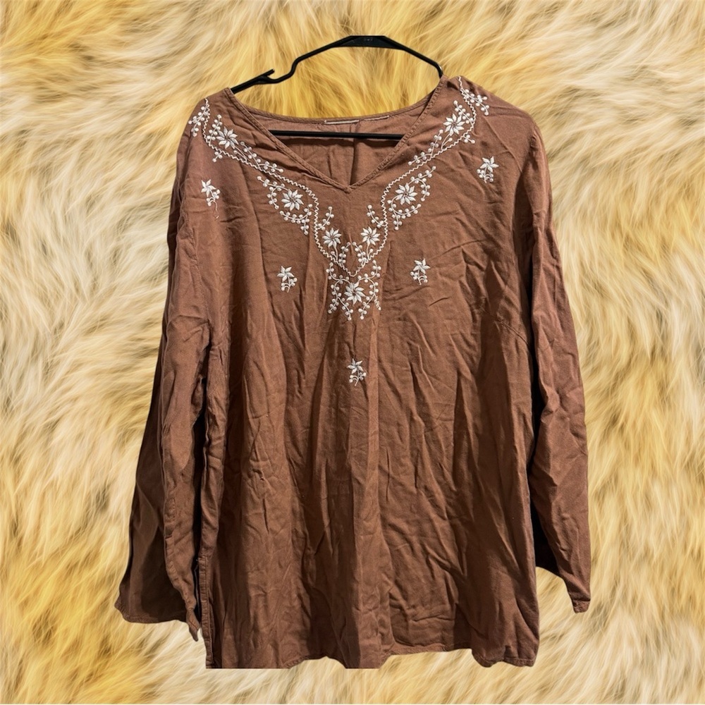 Women's Brown V-Neck Tunic Top with White Embroidered Flowers size L